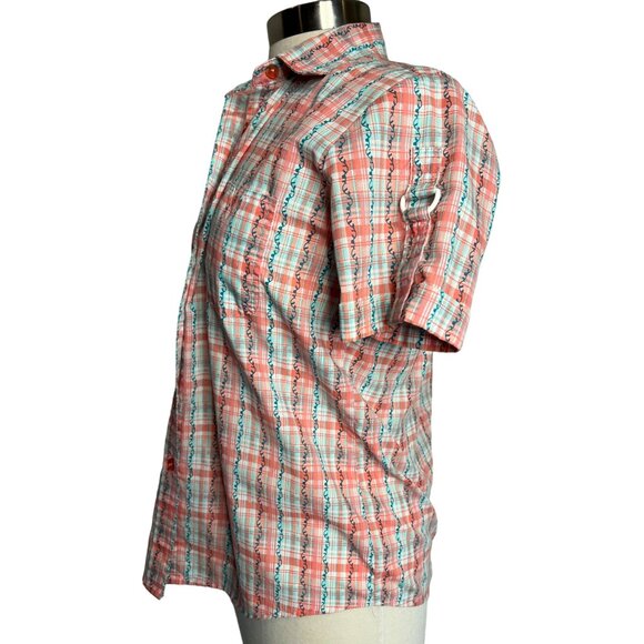 Adrian Delafield blouse medium plaid flowers short sleeve pocket collar - Picture 6 of 11